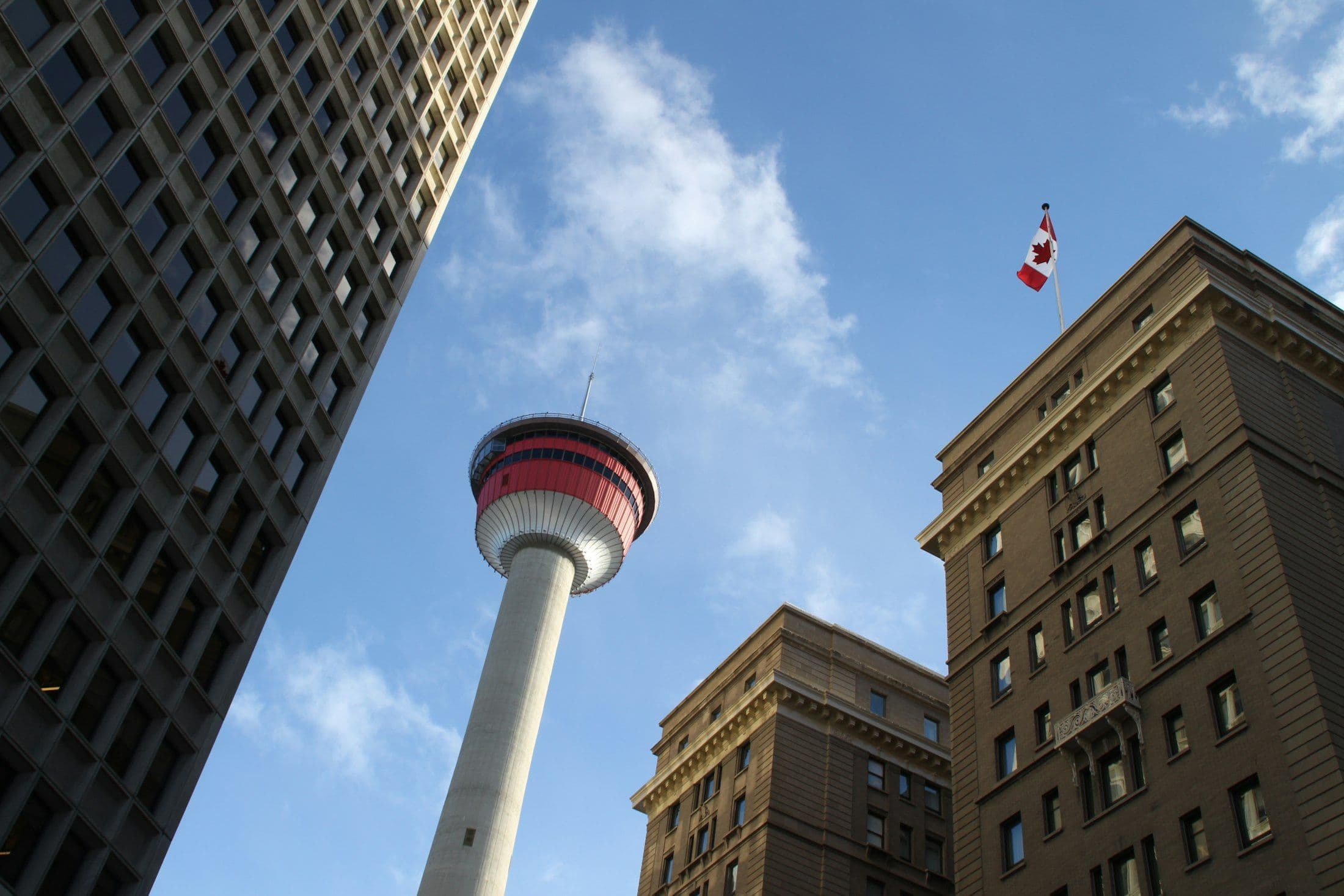 The Calgary Tower against a blue sky